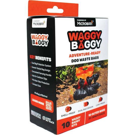 Adventure-Ready Cleanwaste Waggy Baggy Dog Waste Bags - Smell-Proof Dual Bag System with Carry Handle, 10 Count