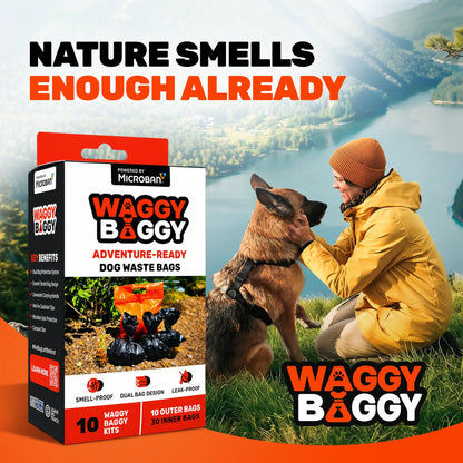 Adventure-Ready Cleanwaste Waggy Baggy Dog Waste Bags - Smell-Proof Dual Bag System with Carry Handle, 10 Count