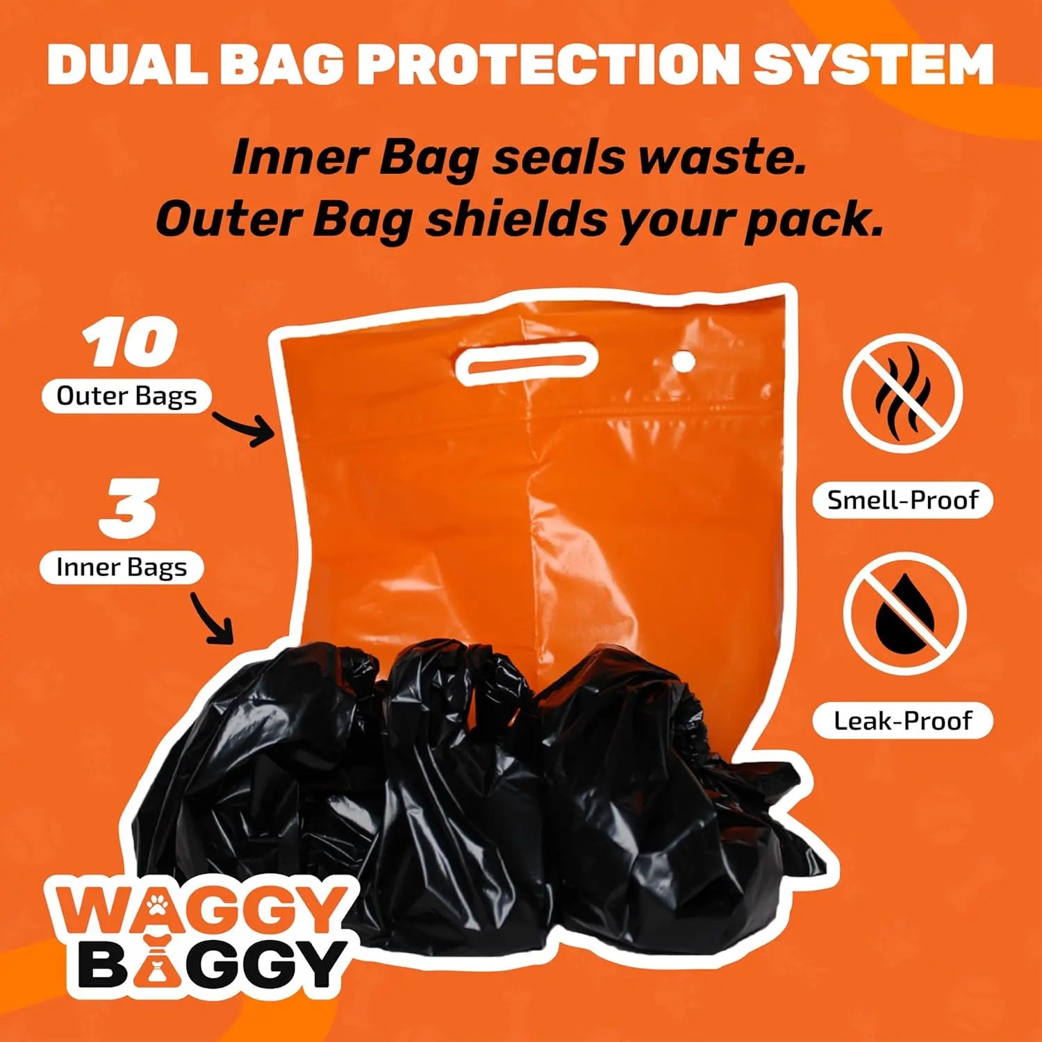 Adventure-Ready Cleanwaste Waggy Baggy Dog Waste Bags - Smell-Proof Dual Bag System with Carry Handle, 10 Count