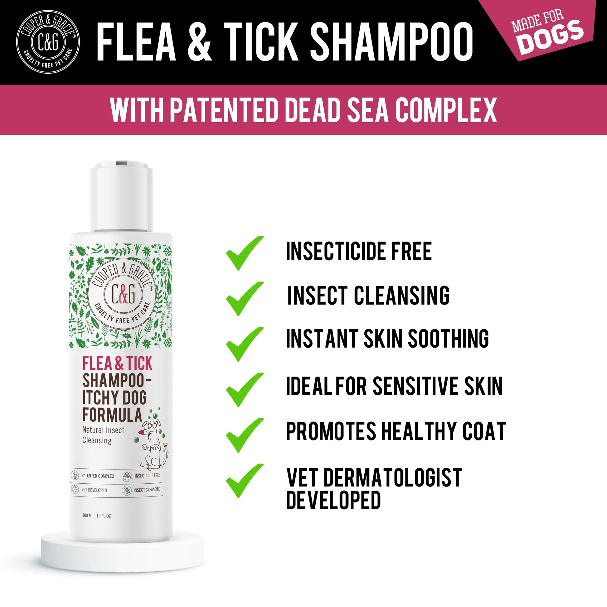 Natural Flea & Tick Shampoo for Dogs - 300ml Plant-Based Formula for Sensitive Skin - Cleans & Freshens Coat